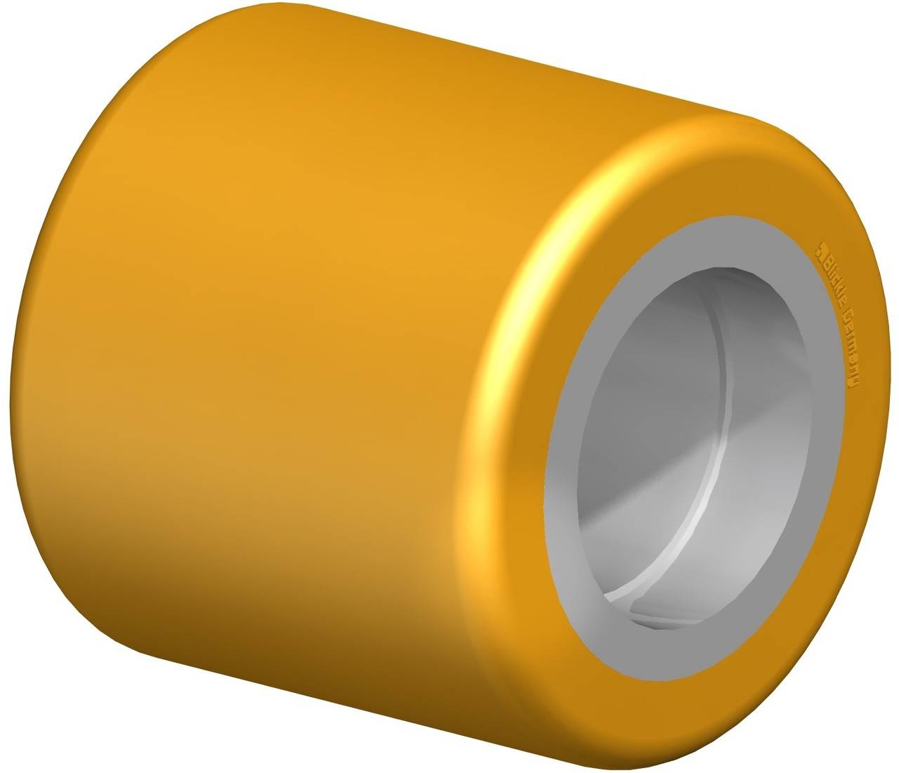 Das Bild zeigt eine gelbe Rolle mit einer metallischen Innenfläche, vermutlich ein industrielles Rad oder eine Rolle für Maschinen.