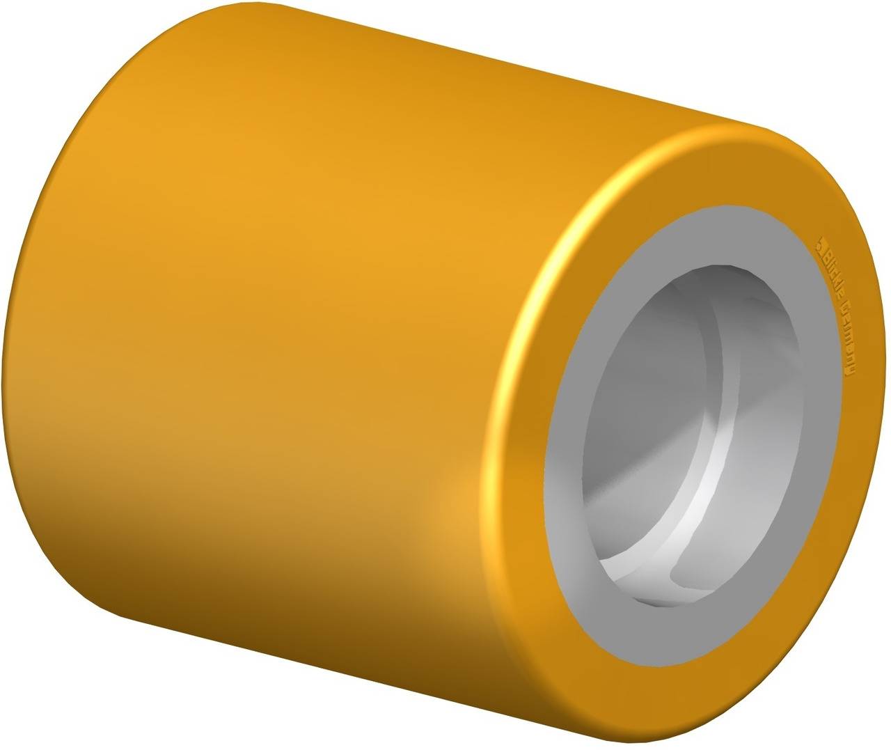 Ein gelber zylindrischer Ring mit einem grauen Innenring. Der Ring ist massiv und hat eine glatte Oberfläche.