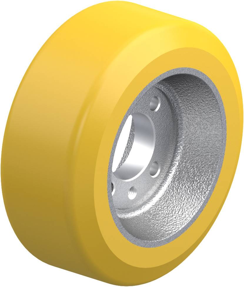 Gelbes Rad mit silberner Metallnabe, glatt und rund, geeignet für industrielle Anwendungen oder Maschinenkomponenten.