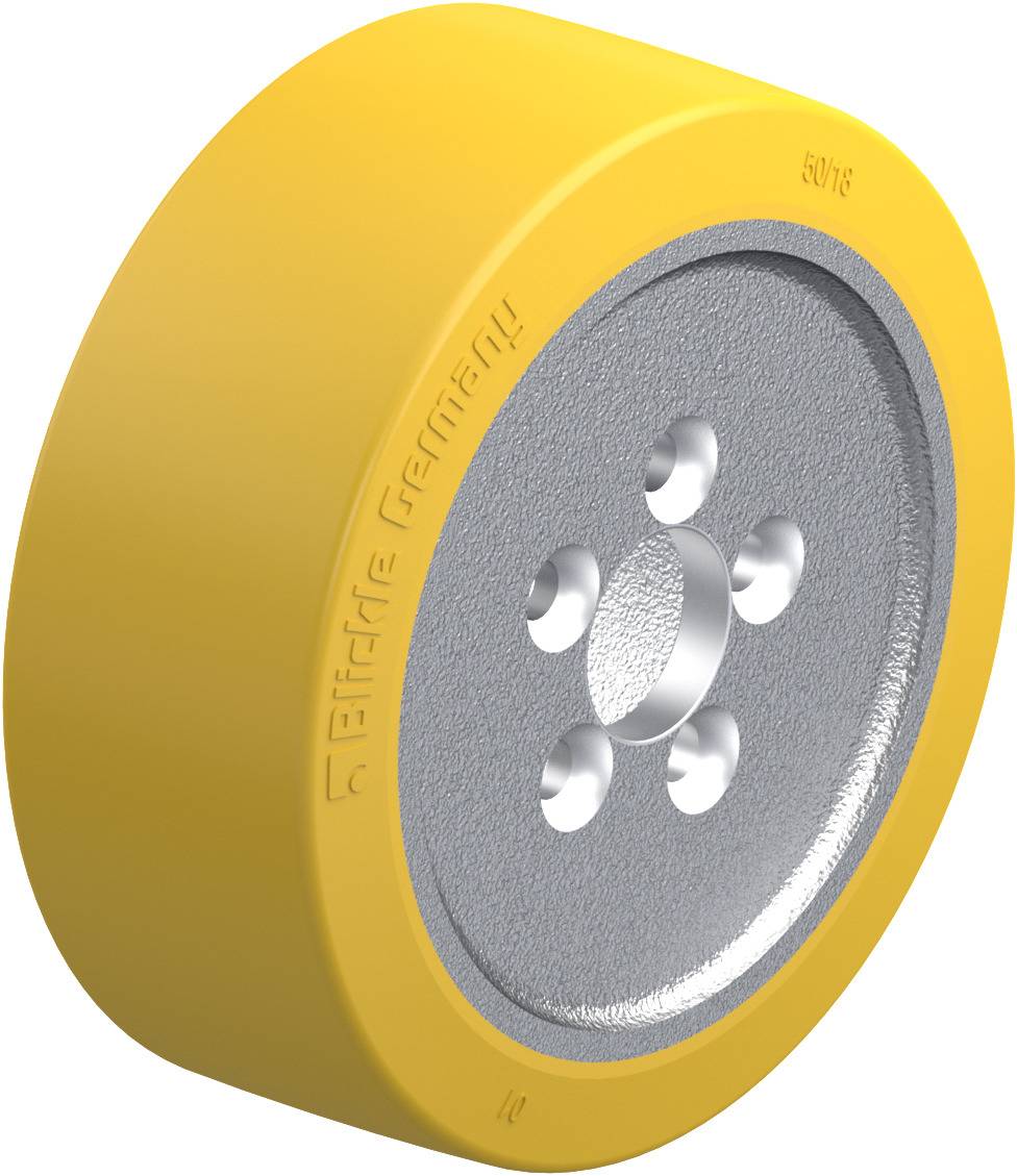 Gelbes Rollenrad aus metallischem Material, mit fünf radialen Löchern und Aufschrift 'Schwalb Erfinde Germany' auf der Seite.