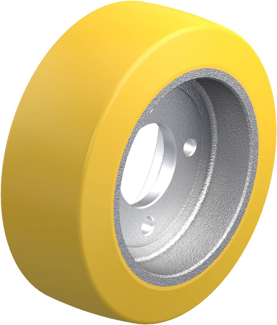 Gelbes Rad mit metallischem Innenring, verwendet für Maschinen- oder Transportanwendungen.