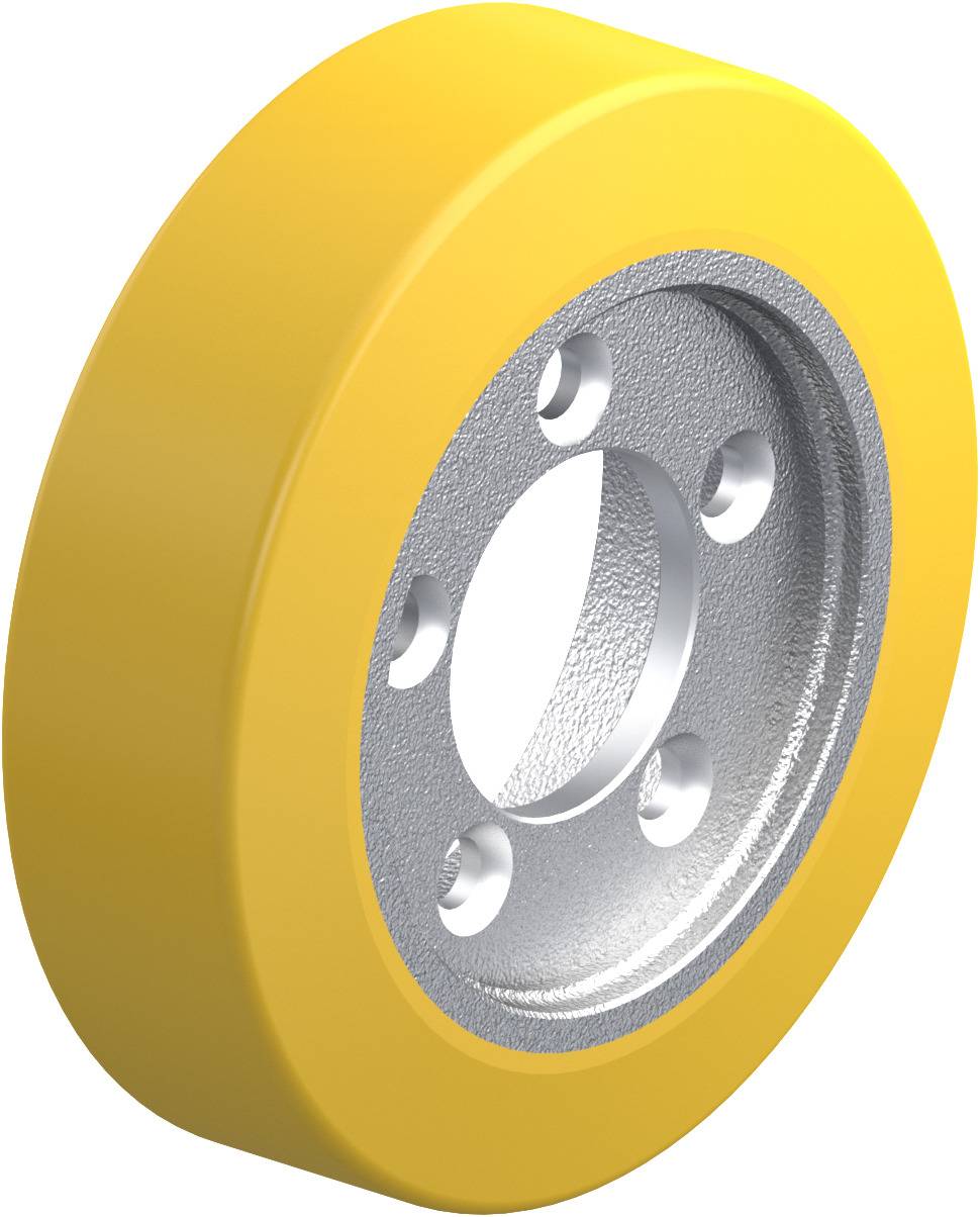 Gelbes Rad mit silbernem Innenbereich und fünf Löchern, verwendet für industrielle Anwendungen oder Maschinen.
