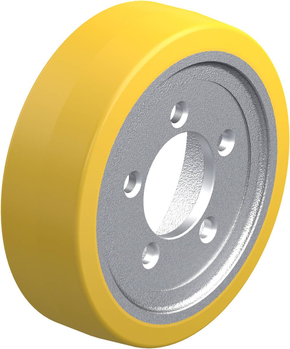 Ein gelbes Rad mit einer silbernen Felge und mehreren Löchern. Wahrscheinlich ein Industrie- oder Ersatzteil.