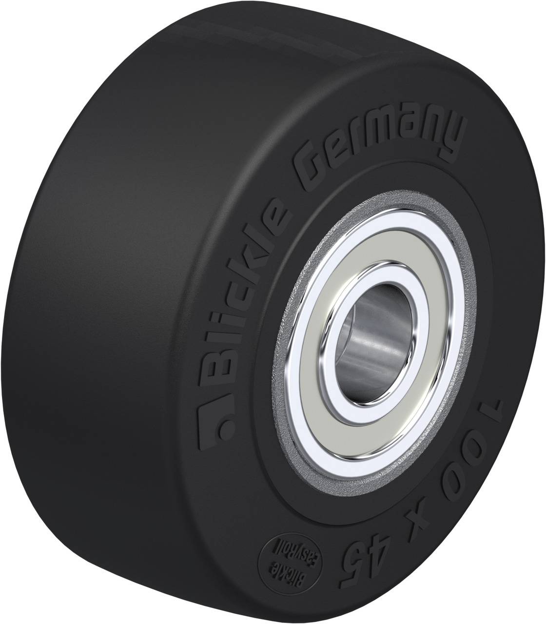 Schwarzes Rad mit Kugellager, Markenname 'Blickle Germany'. Größe: 100 x 45.