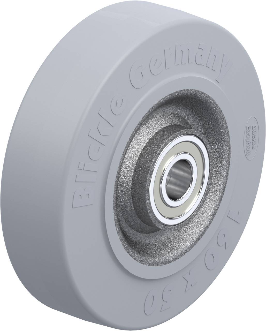 Graues Rad mit Aufschrift 'Blickle Germany', Durchmesser und Lager in der Mitte sichtbar.