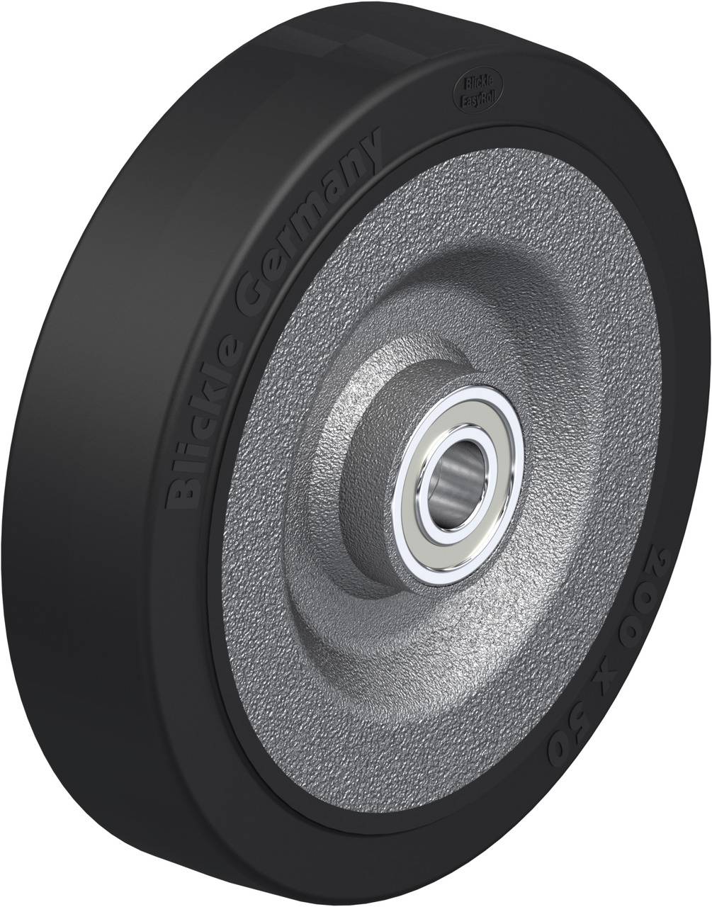 Schwarzes Gummi-Industrie-Stützrad mit stabiler Metalleinlage und Kugellager, geeignet für schwere Lasten. 200 x 50 mm Dimension.