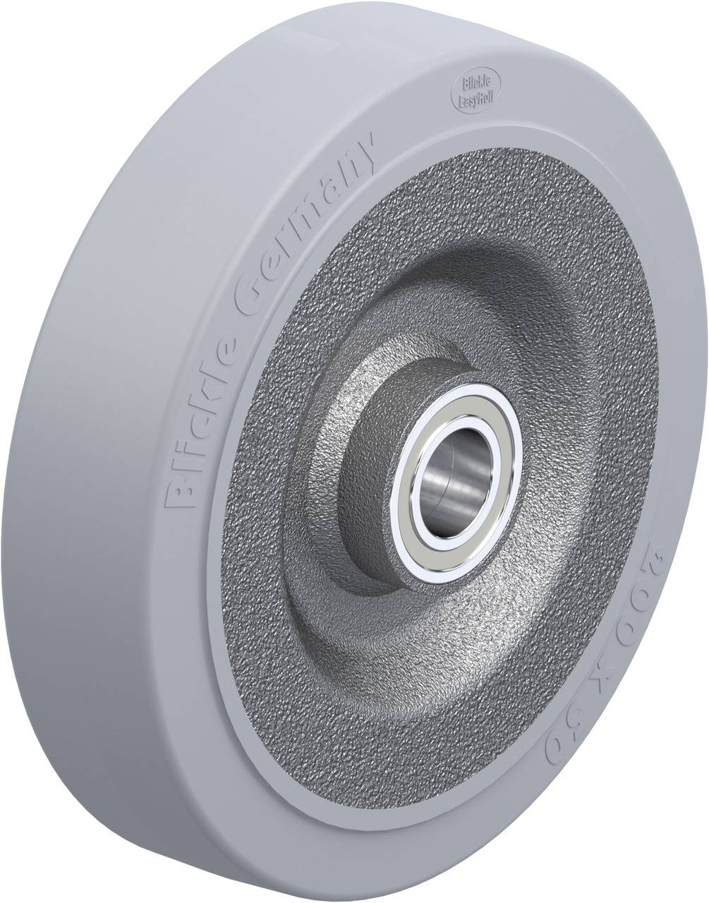 Graues Rad mit geriffelter Oberfläche und zentralem Kugellager, geeignet für industrielle Anwendungen.