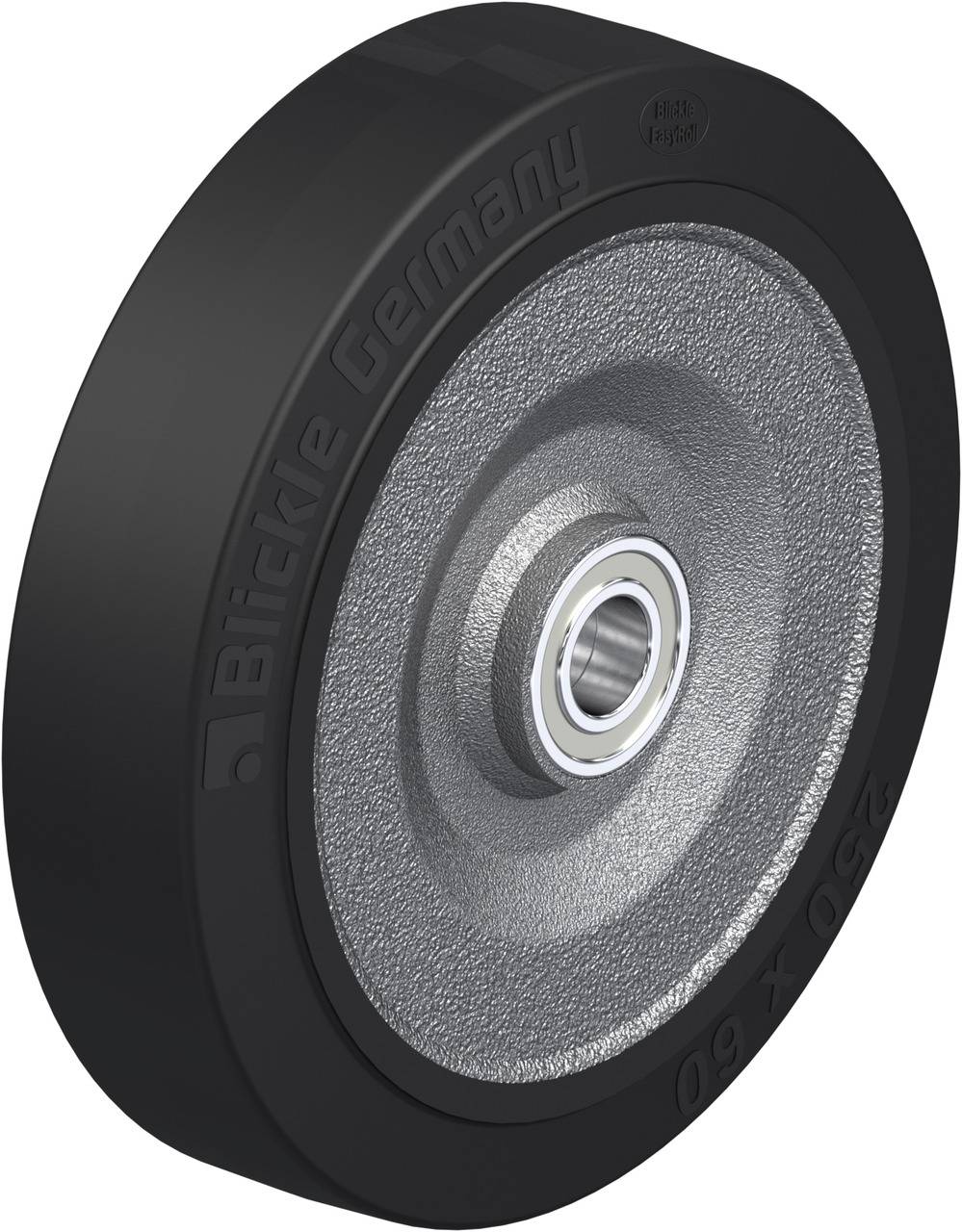 Ein schwarzes Rad mit silberner Nabe und Kugellager, seitlich mit der Aufschrift 'Blickle Germany 250x60'.