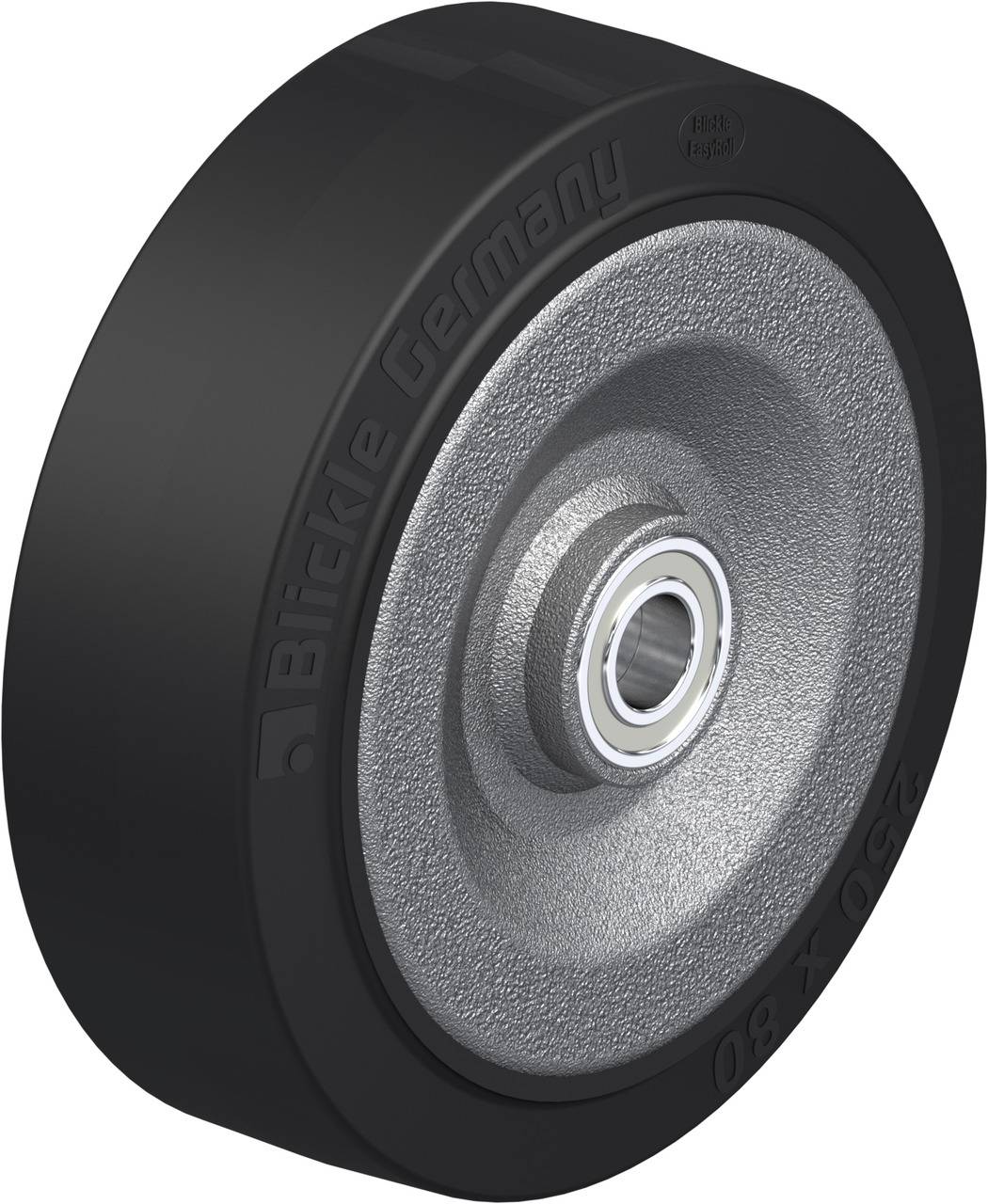 Industrielles Laufrad aus Gummi mit metallischem Kern und Kugellager, geeignet für Wagen oder Maschinen, schwarz und silberfarben.