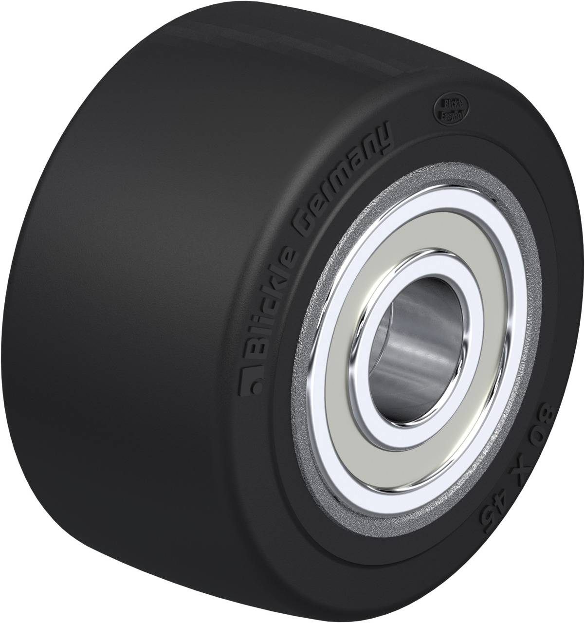 Schwarzes Rad mit silbernem Kugellager, Aufschrift 'Blickle Germany', Modell 80x45. Geeignet für Transportanwendungen.