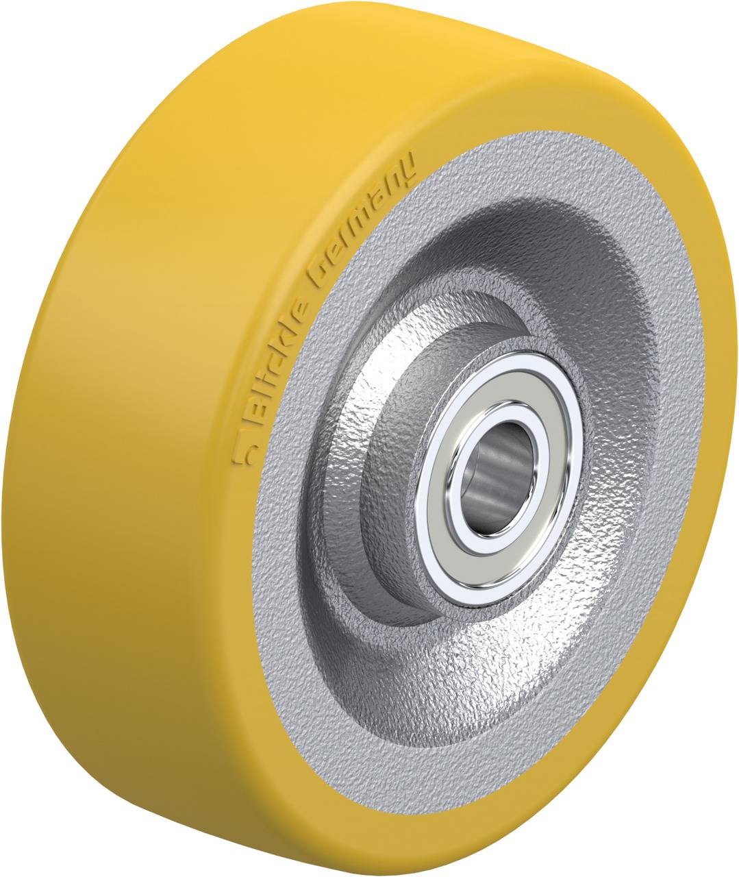Ein gelbes Laufrad mit silberner Metallfelge und Kugellager, geeignet für Transport- oder Industrieanwendungen.