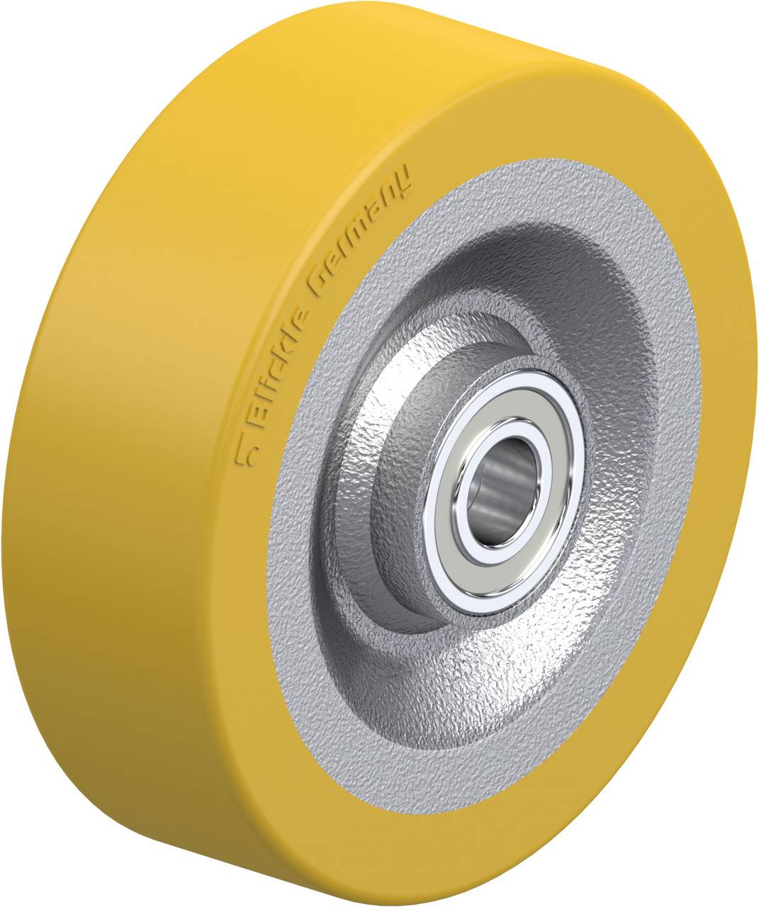 Gelbes Rad mit integriertem Kugellager, geeignet für industrielle Anwendungen. Markierung auf Rad: 'EURIDE Germany'.