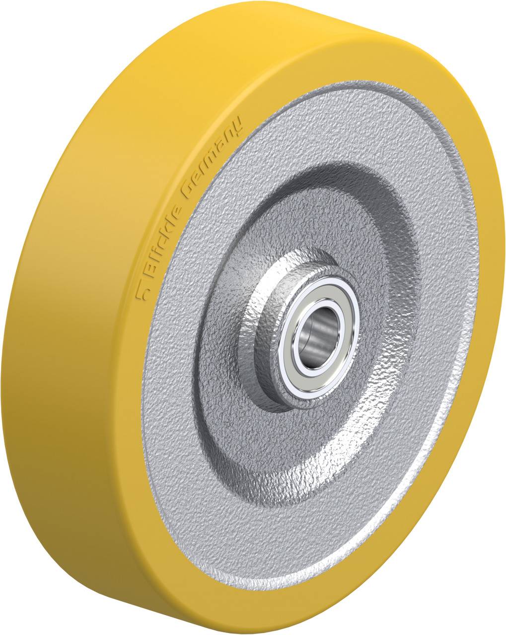 Industrie-Stahlrad mit gelbem Polyurethanring und zentralem Kugellager. Geeignet für Lastentransporte und Maschinen.