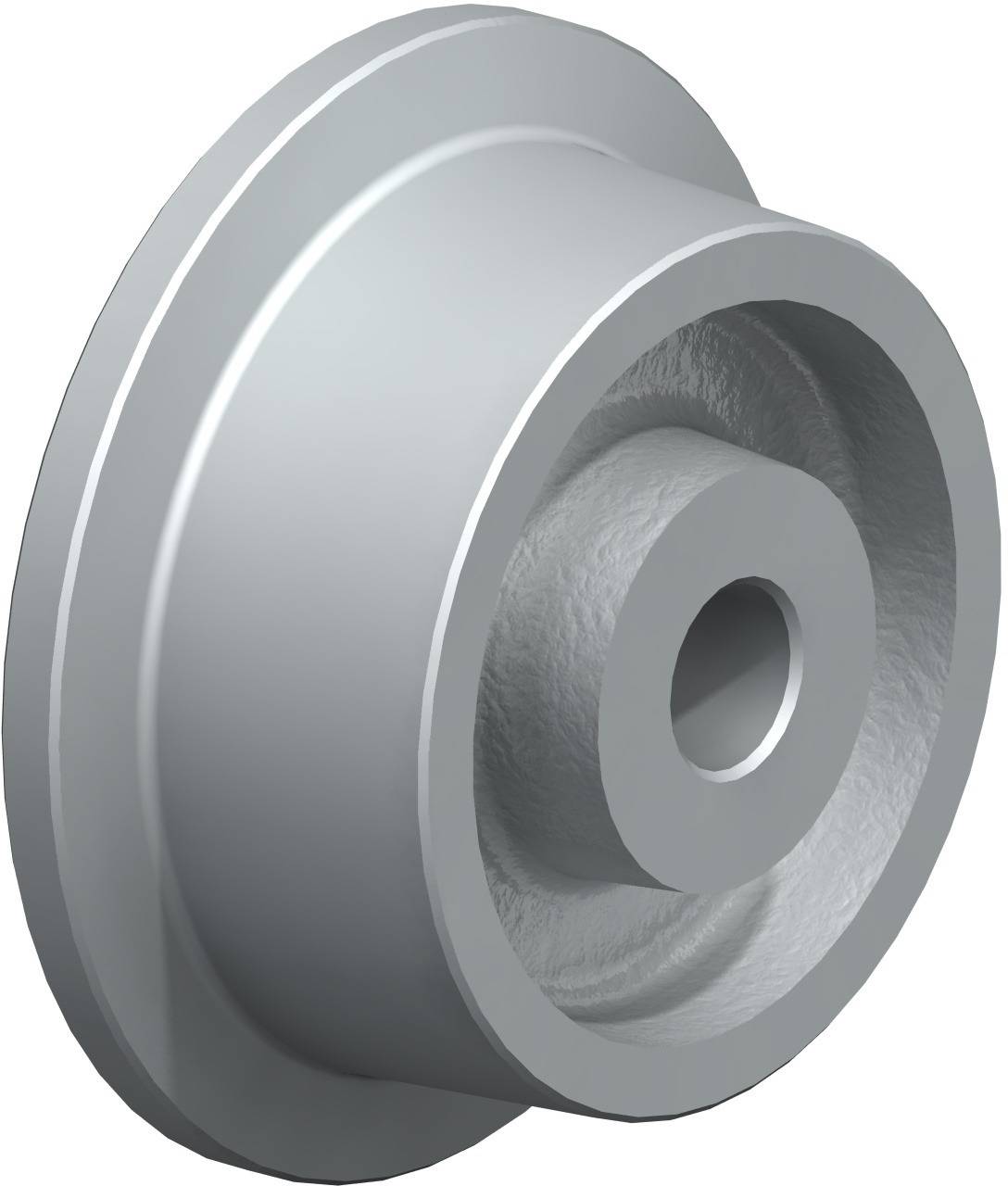 Einzelnes, silbernes Metallrad oder -scheibe, möglicherweise Teil eines mechanischen Geräts.