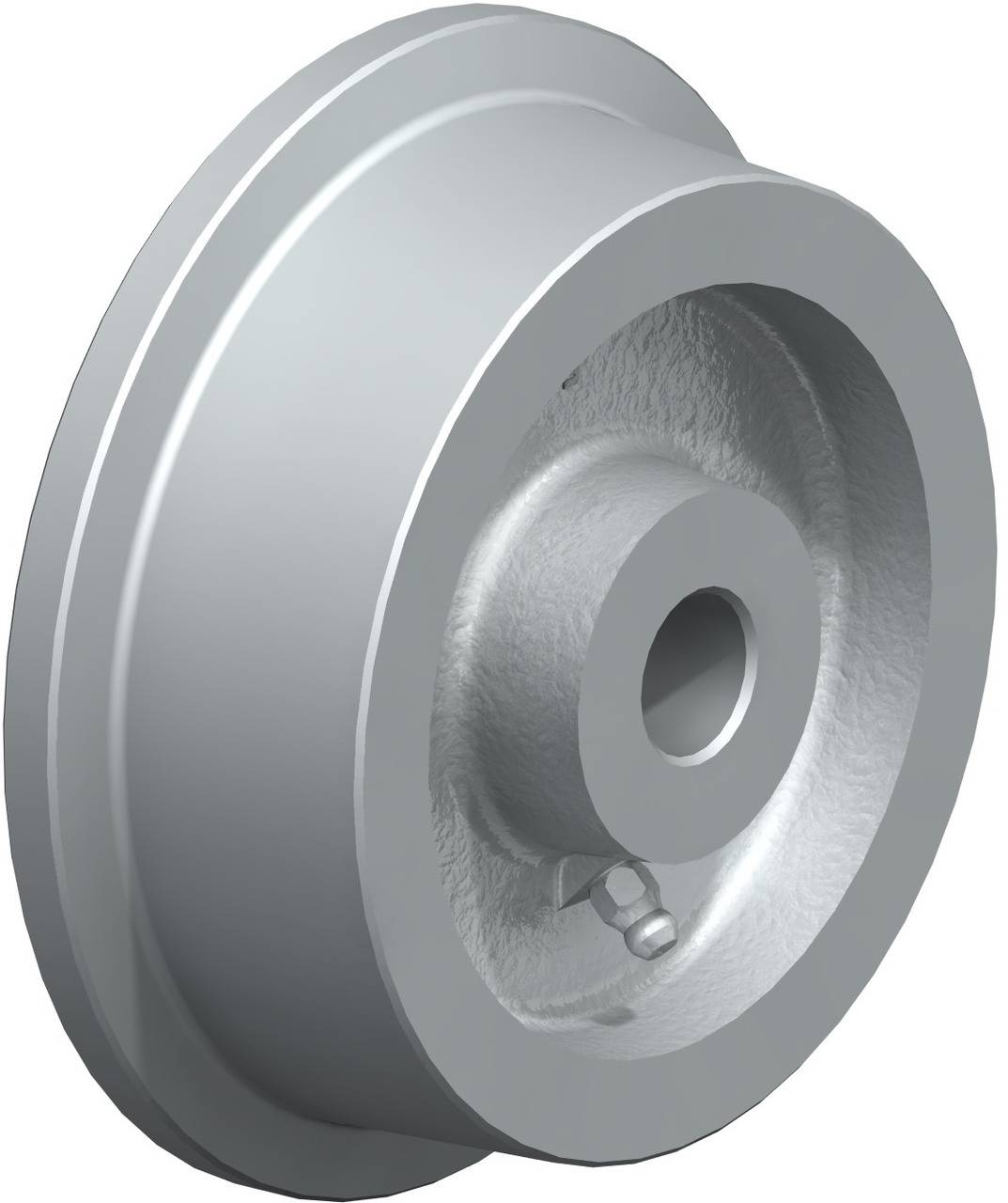 Stahlrolle mit Rillenprofil, seitliche Ansicht. Verwendung in Maschinenbau oder Transportanlagen. Robust und funktional.