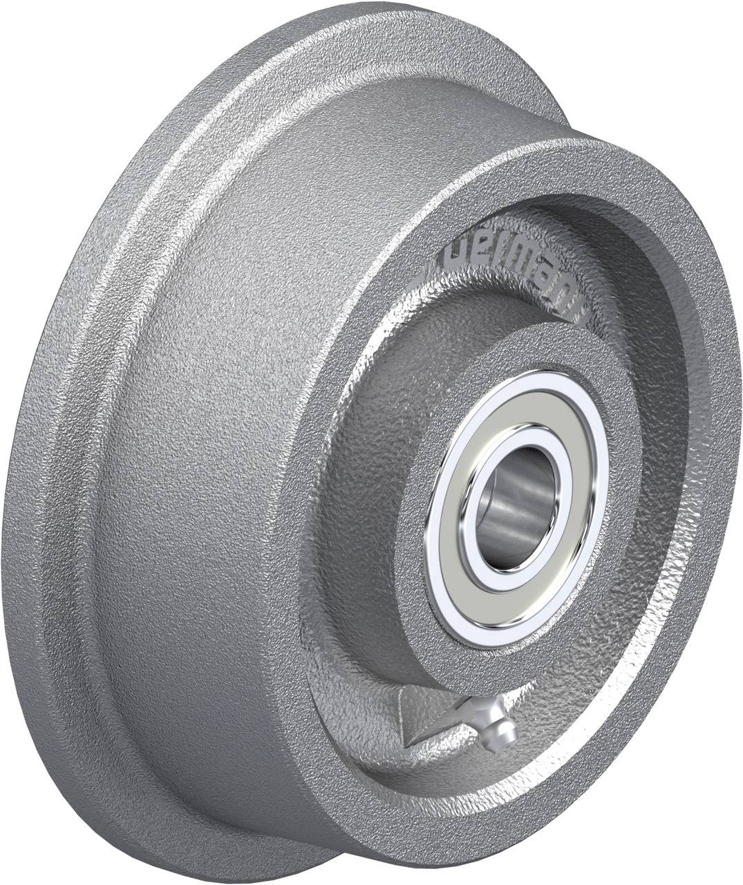 Ein graues Metallrad mit Kugellager in der Mitte, geeignet für Industriemaschinen und Schwerlastanwendungen.