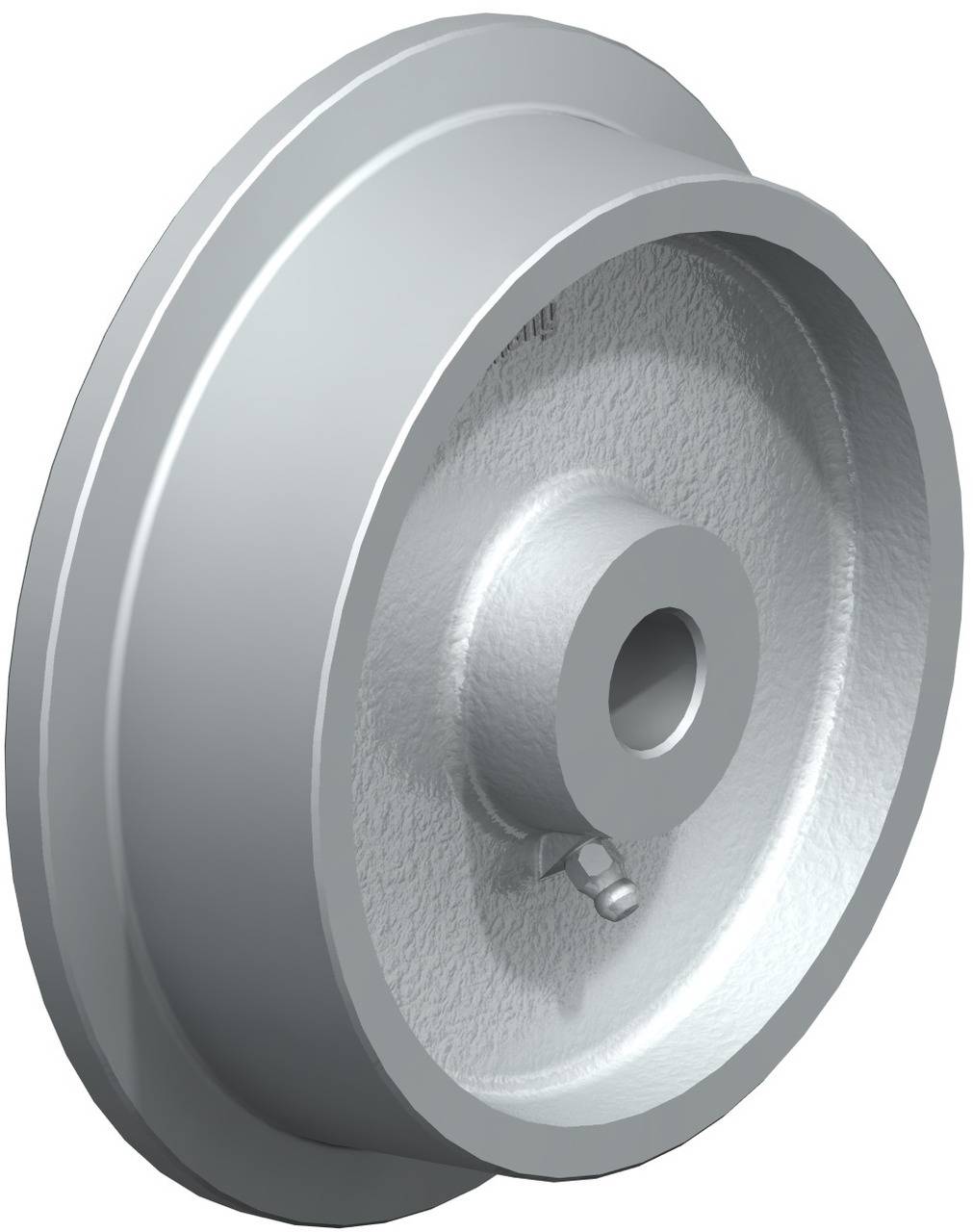 Metallrad mit zentraler Nabe und runder Bohrung, verwendet für Maschinen oder Fahrzeuge. Silberne Farbe, robuste Bauweise.