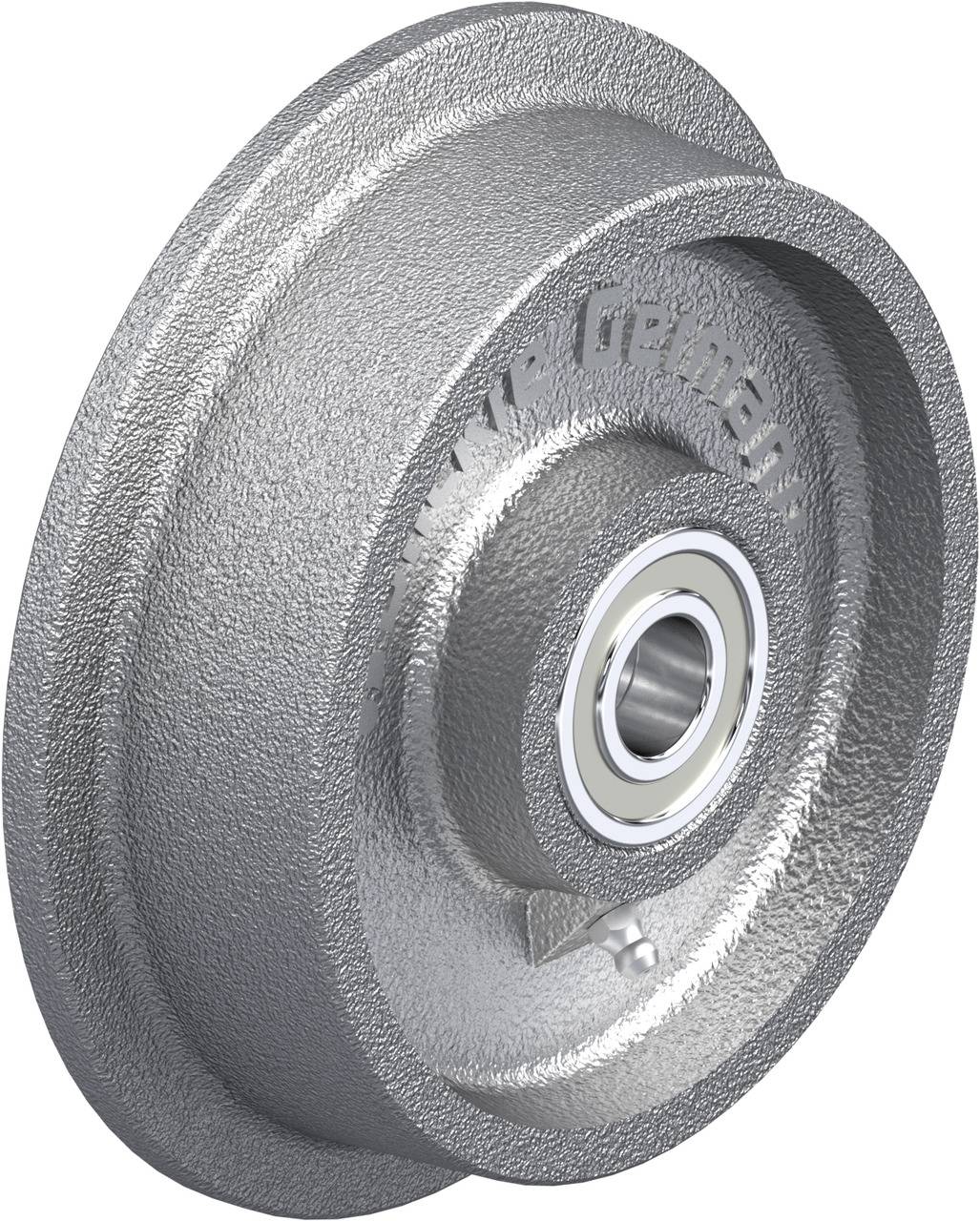 Details of an industrial wheel with a bearing, showcasing a textured, metallic surface and inscribed text 'Made in Germany' on the side.