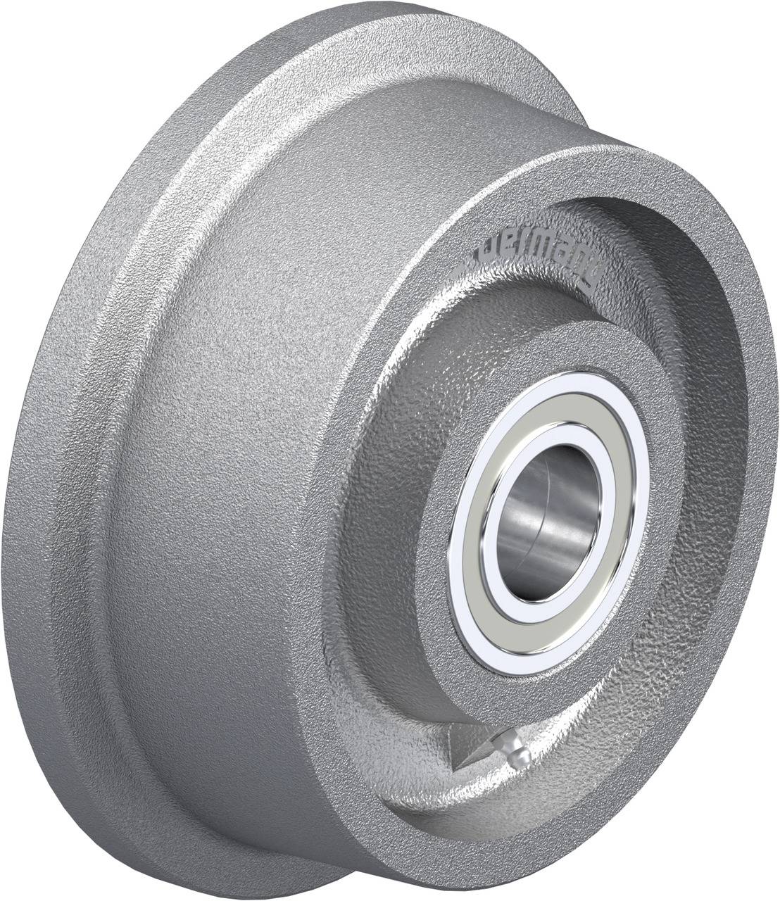 Metallrad mit Kugellager, seitlicher Blick. Geeignet für schwere Lasten und Industriemaschinen. Robust und silbern glänzend.