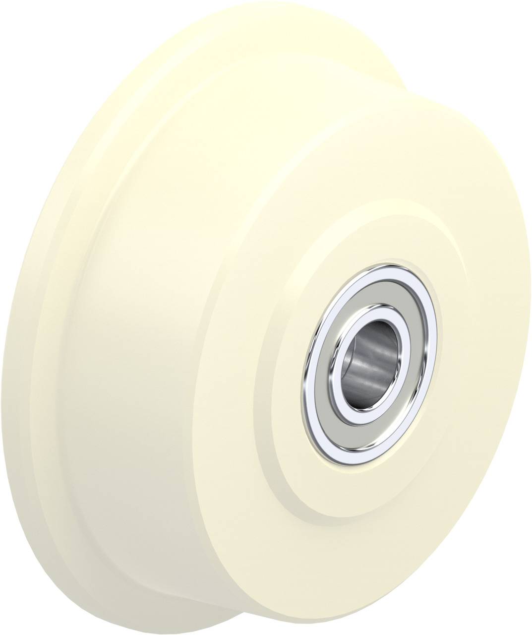 Kunststoffrolle mit Kugellager in neutraler Farbe, geeignet für Möbel oder Schiebetüren, auf weißem Hintergrund.