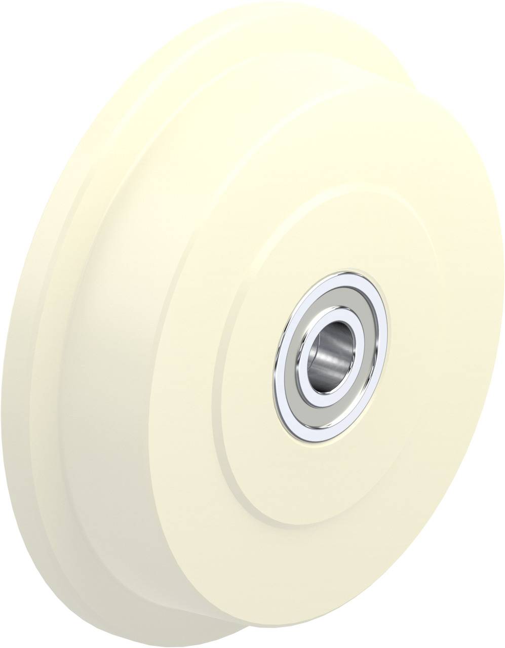 Kunststoffrolle mit Metalllager, seitlich abgebildet; verwendet in Industrieanwendungen zur Bewegungssteuerung.