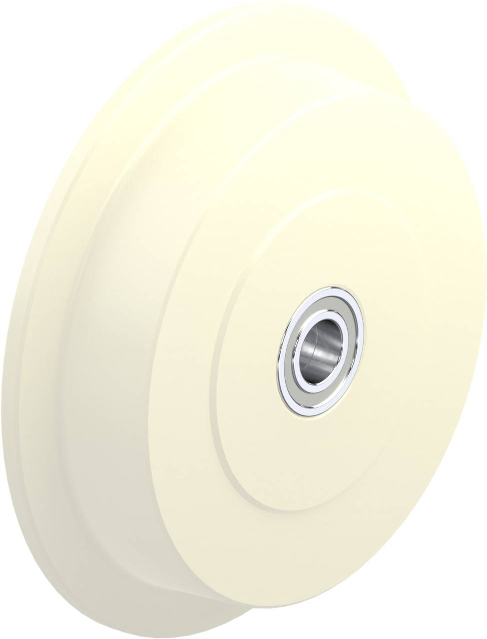 Hellgelbes Kunststoffrad mit integriertem Kugellager, geeignet für unterschiedliche mechanische Anwendungen.