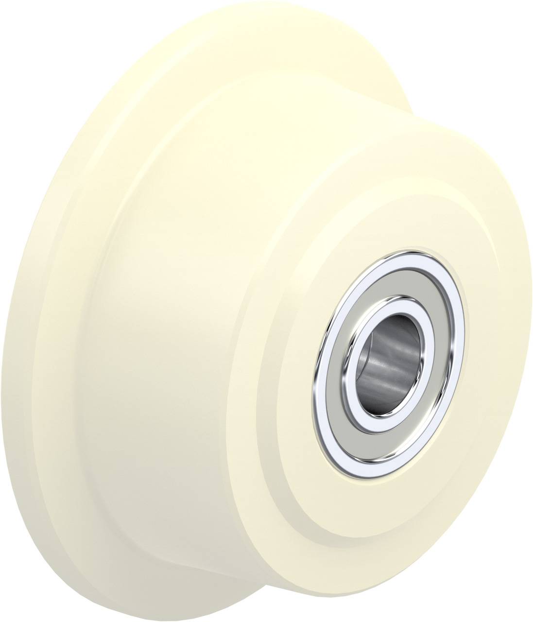 Kunststoffrolle mit integriertem Kugellager, elfenbeinfarben. Verwendet in Maschinen und Möbeln für glatte Bewegungen.