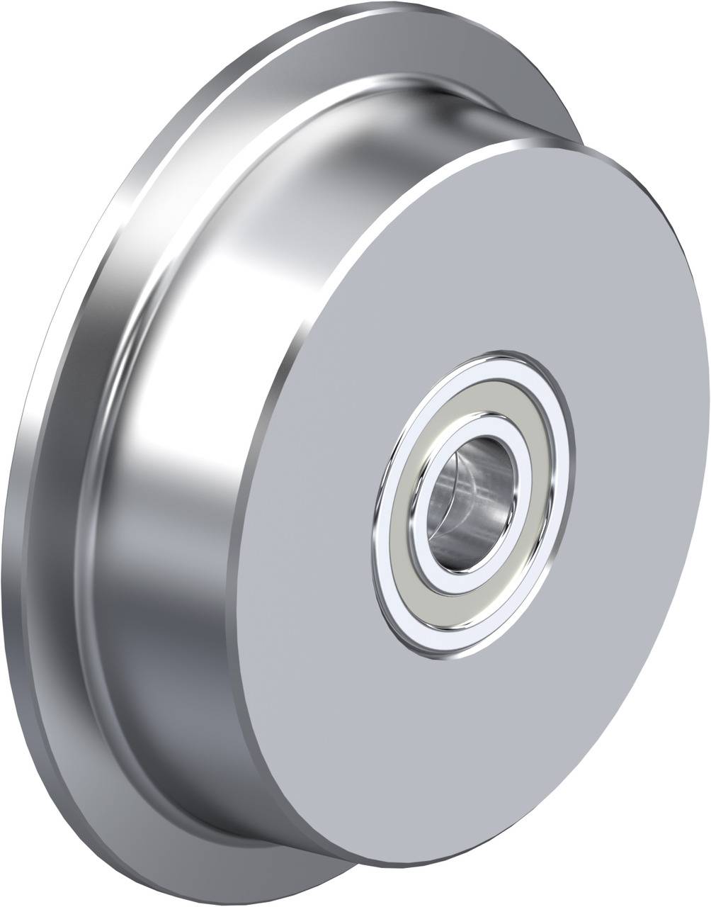 Eine silberfarbene Metallrolle mit Kugellager in der Mitte, seitliche Ansicht. Geeignet für mechanische Anwendungen oder Fördertechnik.