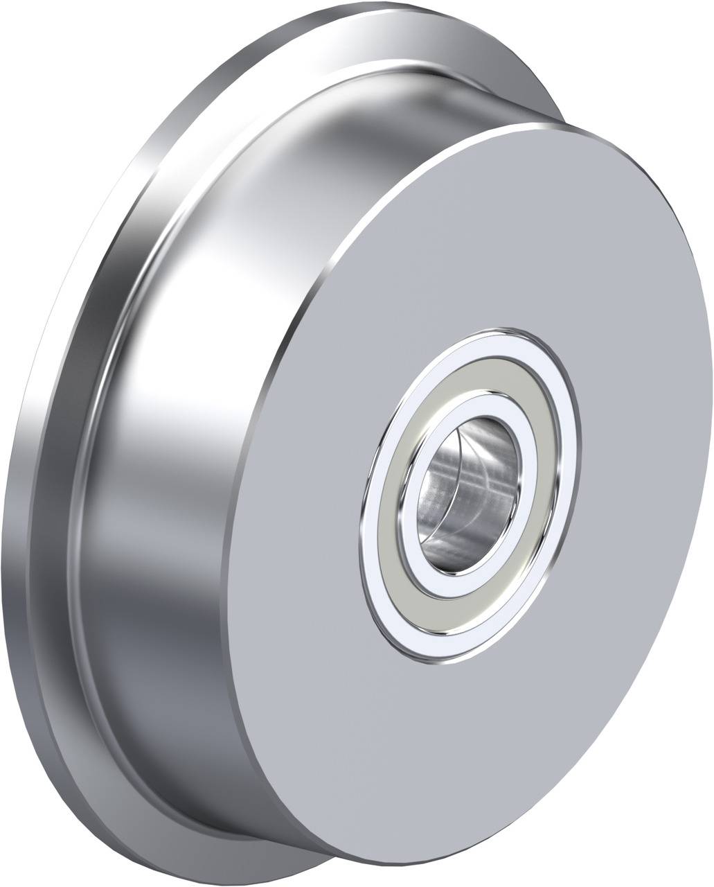 Ein silbernes Metallrad mit zentralem Kugellager, seitlich abgebildet.