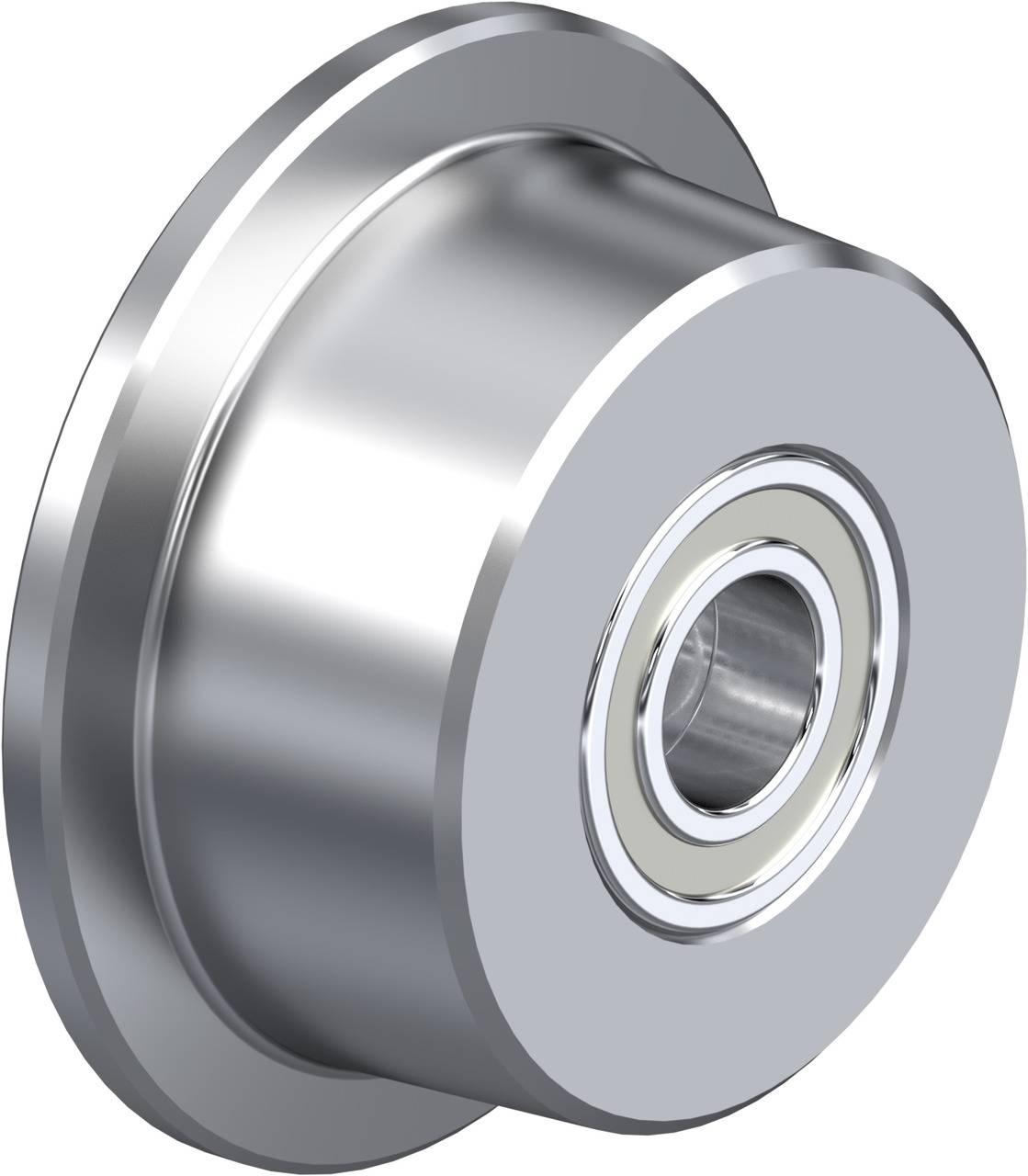 Ein silberfarbenes, kugelförmiges Metalllager mit glatter Oberfläche, zentralem Loch und hervorstehendem Rand.