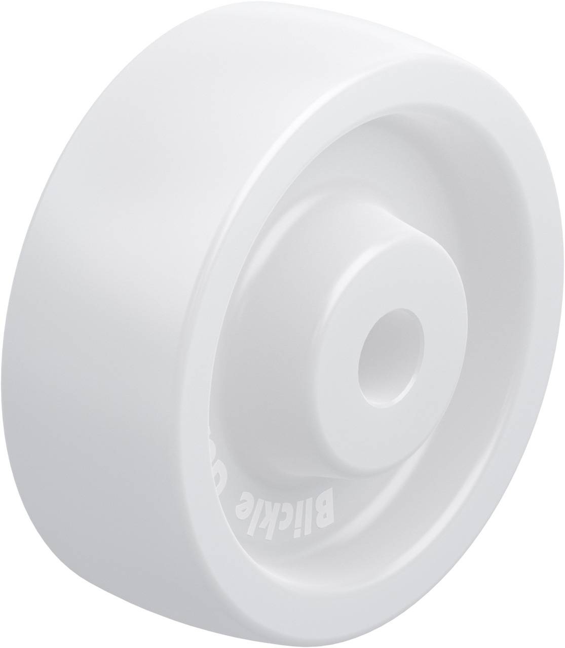 Ein weißes, rundes Kunststoffrad mit einem zentralen Loch.