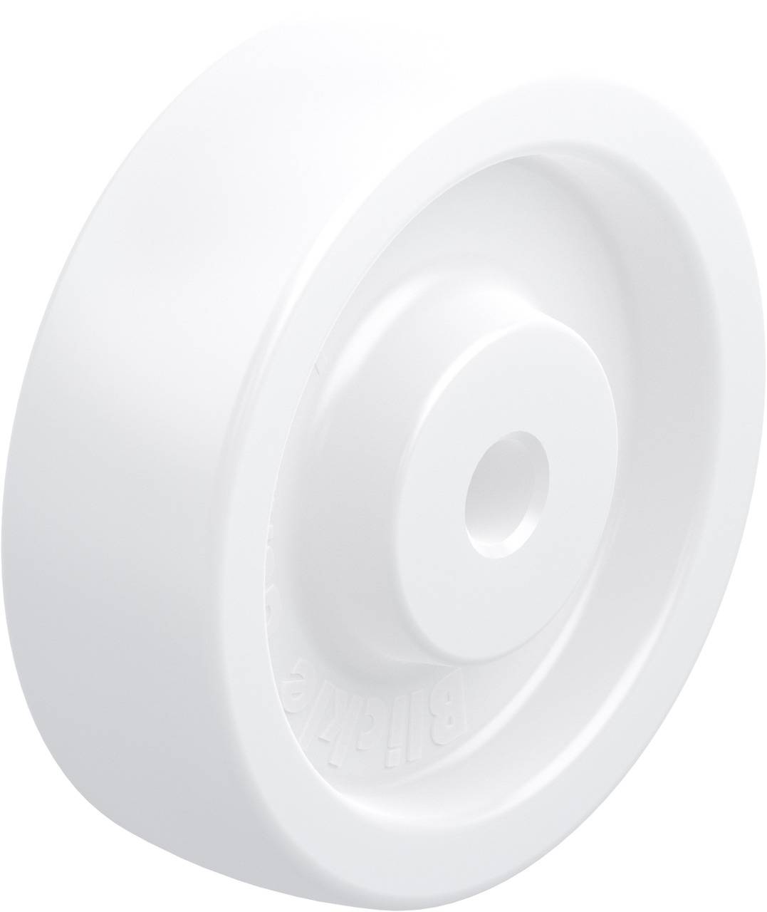 Ein weißes Kunststoffrad mit glatter Oberfläche und zentralem Loch, geeignet für Möbel oder industrielle Anwendungen.