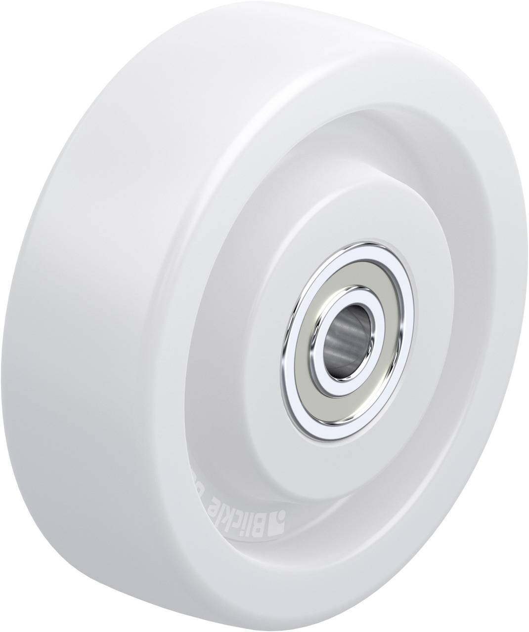 Ein weißes Kunststoffrad mit integriertem Kugellager, geeignet für Möbel oder Geräte. Das Design ist schlicht und funktional.
