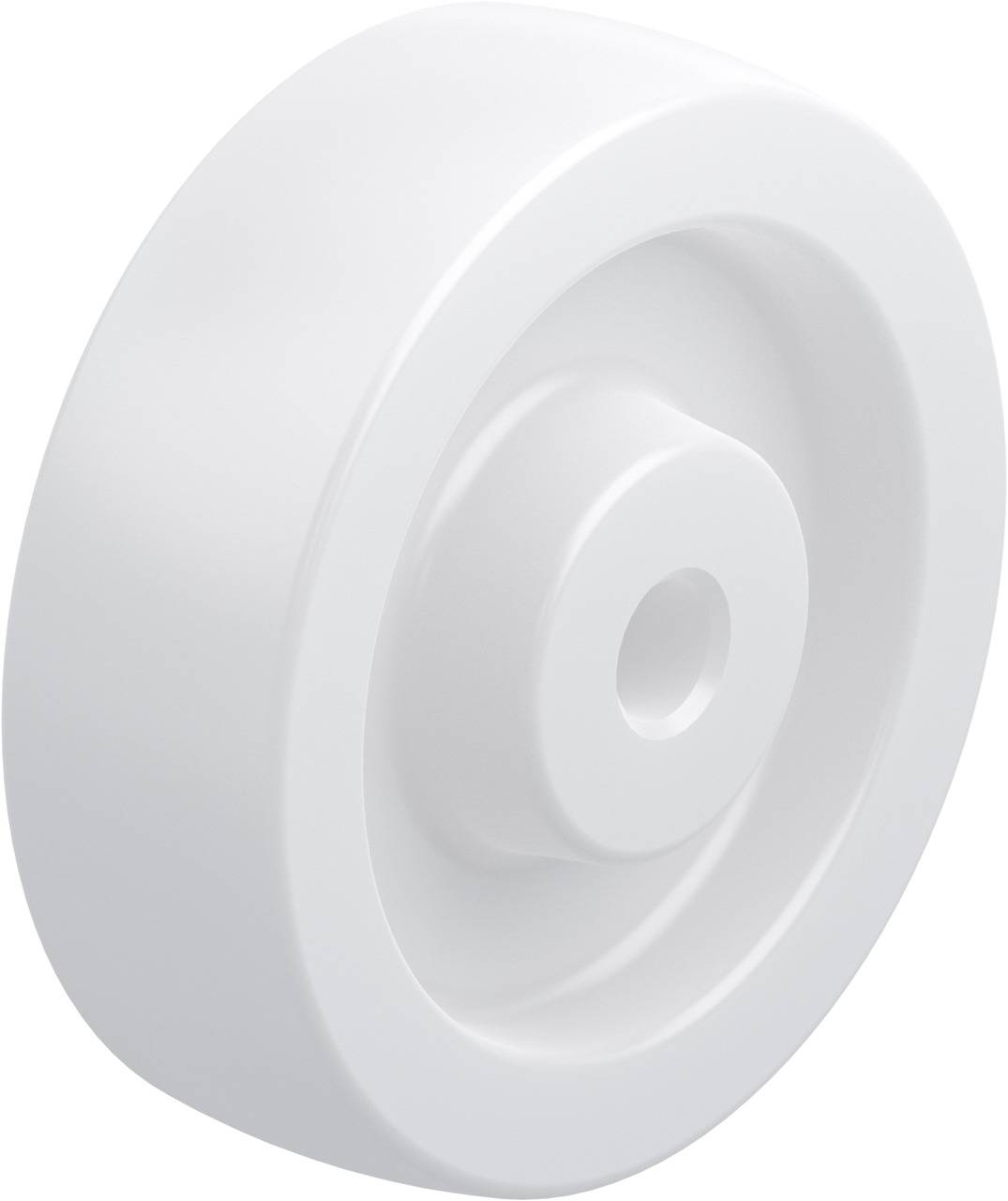 Weißes Kunststoffrad mit glatter Oberfläche, konzipiert für Möbel oder leichte Transportmittel.