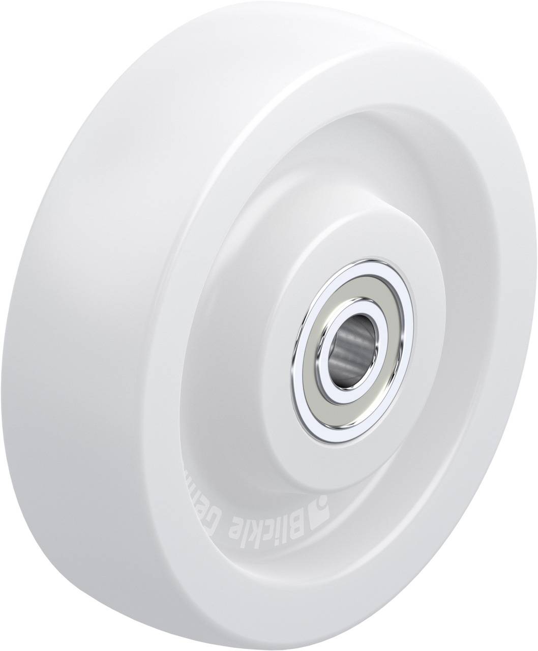Ein weißes Kunststoffrad mit einem Metalllager in der Mitte.
