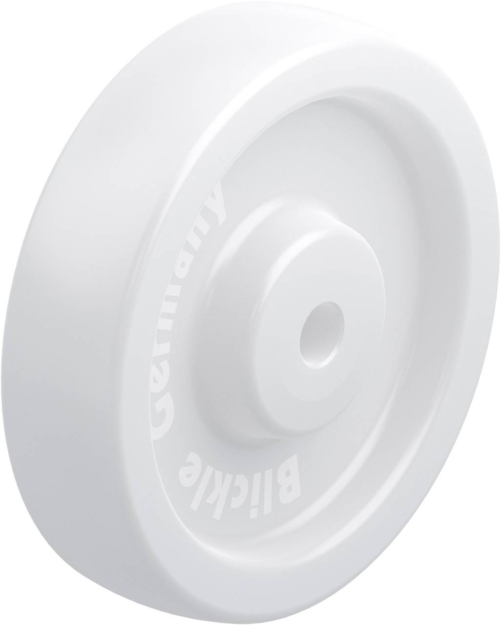 Ein weißes, rundes Ersatzrad mit glatter Oberfläche und einer kleinen Vertiefung in der Mitte. Es wird oft für Möbel und Geräte verwendet.