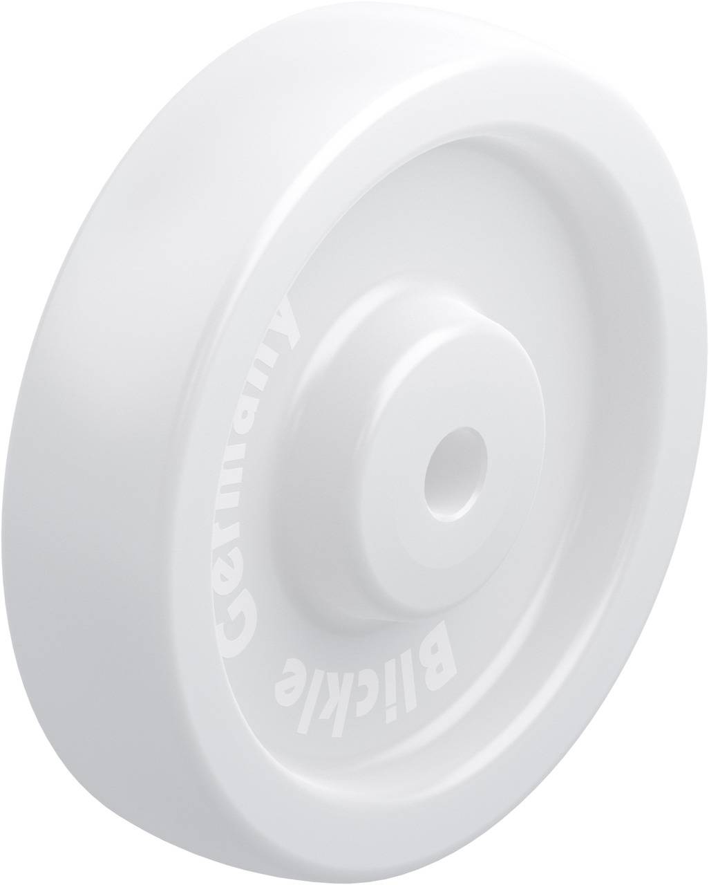Ein weißes Kunststoffrad mit einer glatten Oberfläche, geeignet zur Verwendung in mechanischen Anwendungen oder Möbeln.
