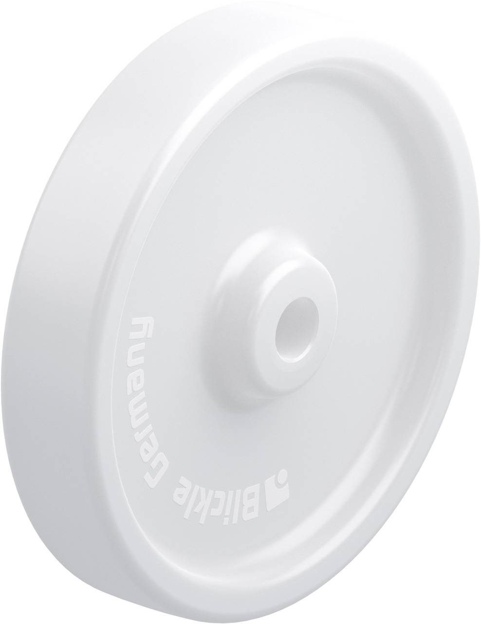 Weißes Rad aus Kunststoff, mit einem glatten Finish und einem kreisförmigen Mittelteil; Aufschrift: 'Blickle Germany'.