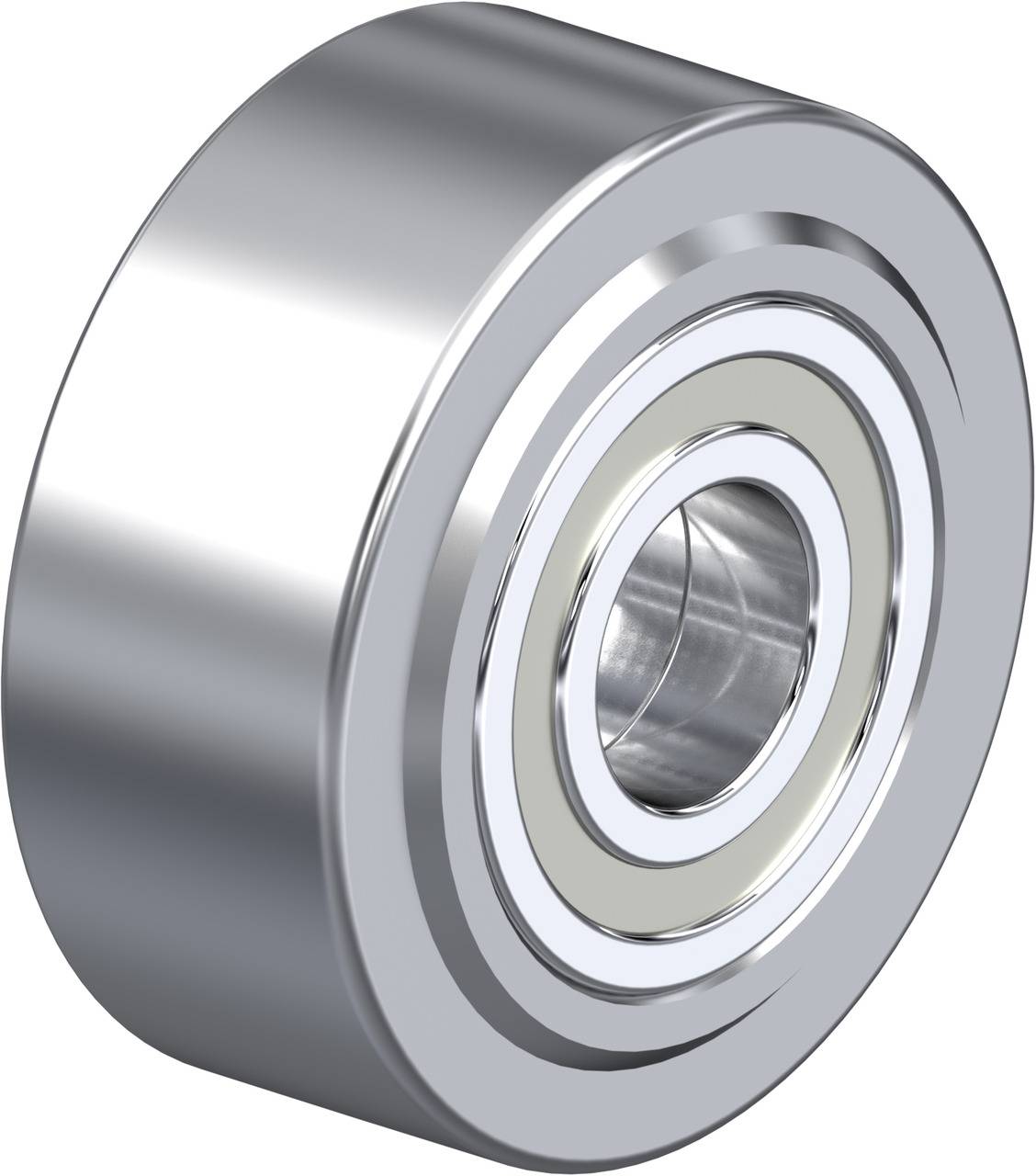 Ein Metallkugellager in seitlicher Ansicht. Es ist rund und glänzend, mit einer inneren und äußeren Metallschicht.