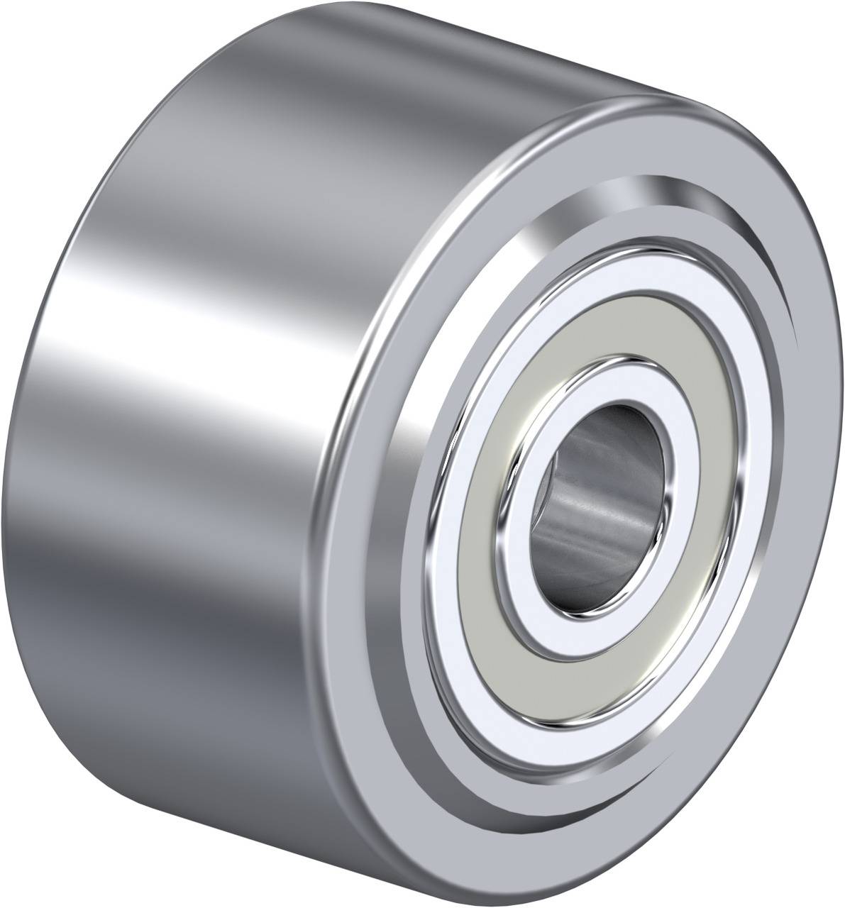Silbernes Kugellager, zylinderförmig, aus Metall, zeigt eine glatte, glänzende Oberfläche. Verwendet zur Reduzierung von Reibung.