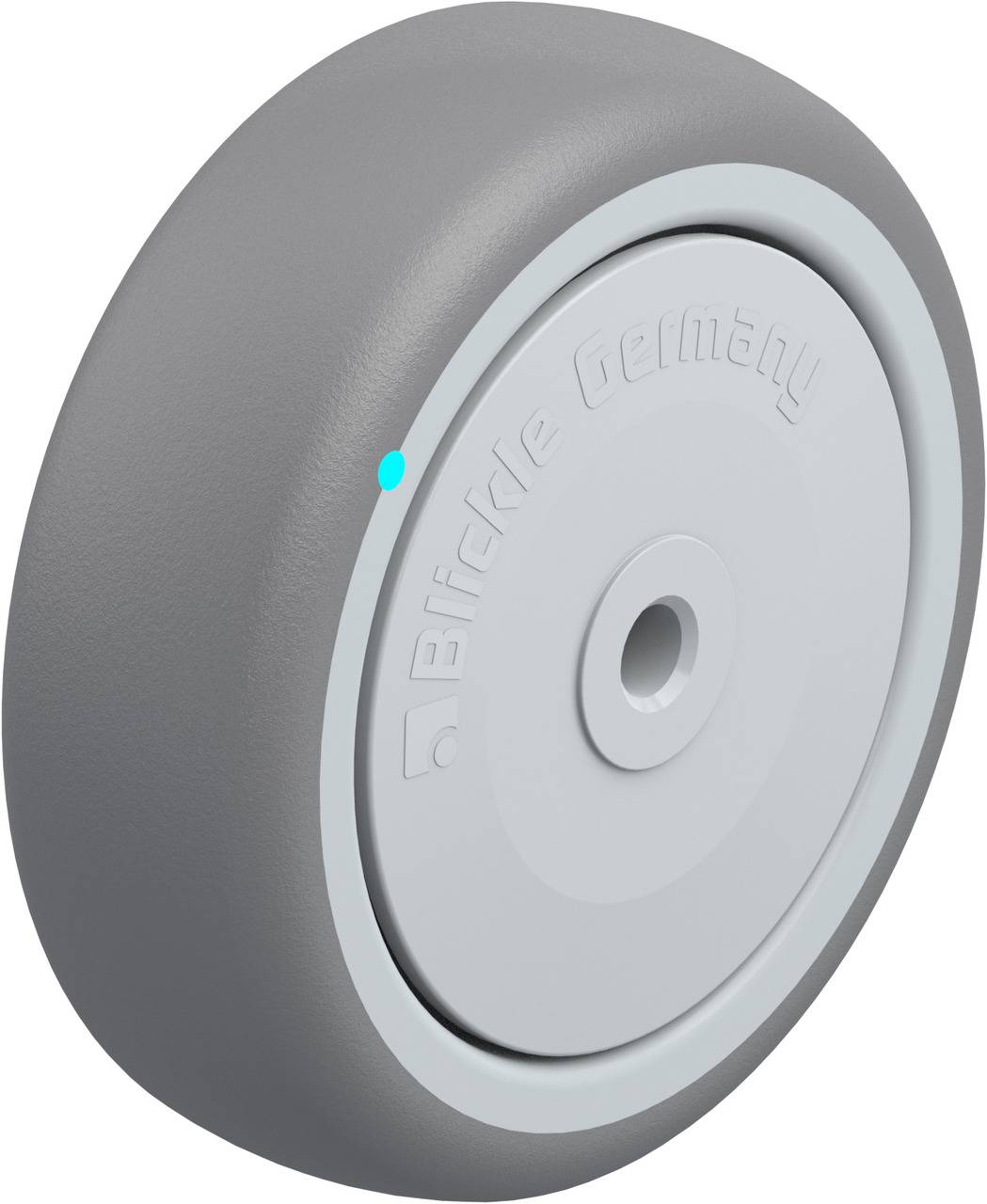 Graues Rad mit Kunststofffelge und Aufdruck 'Blickle Germany'. Geeignet für Möbel oder leichte Transportgeräte.