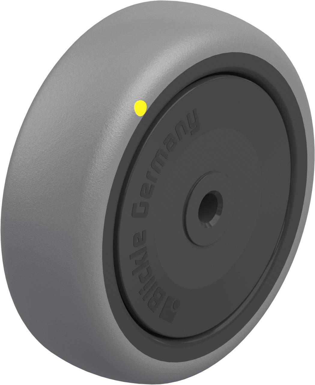 Graues Rad mit dunklem Mittelpunkt, Aufschrift 'Pohlsch Germany', Ansicht von der Seite.