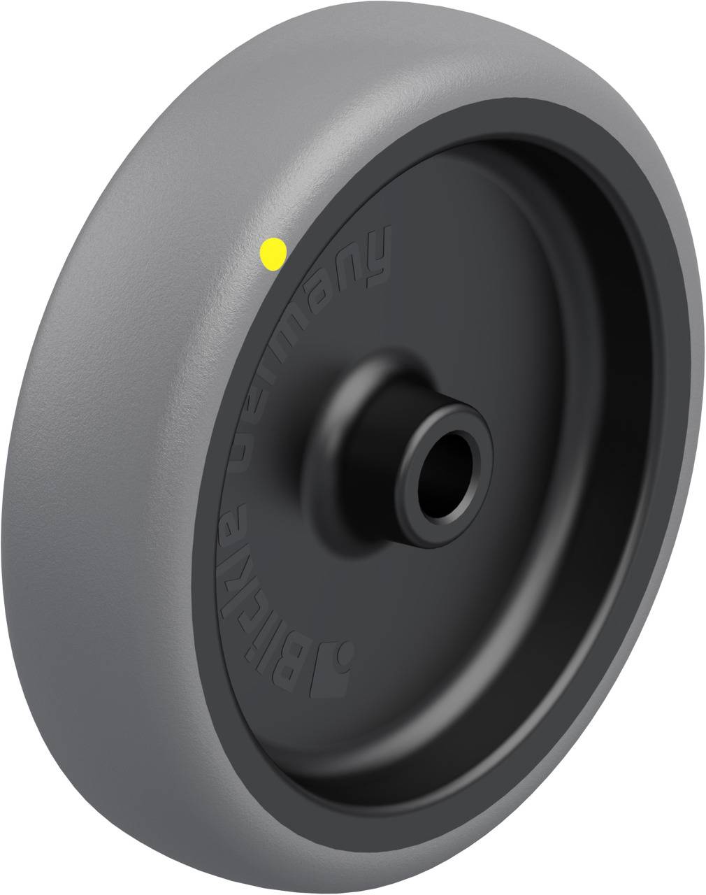 Graues Kunststoffrad mit schwarzer Achse, seitlich 'made in Germany' markiert. Geeignet für Transportgeräte.