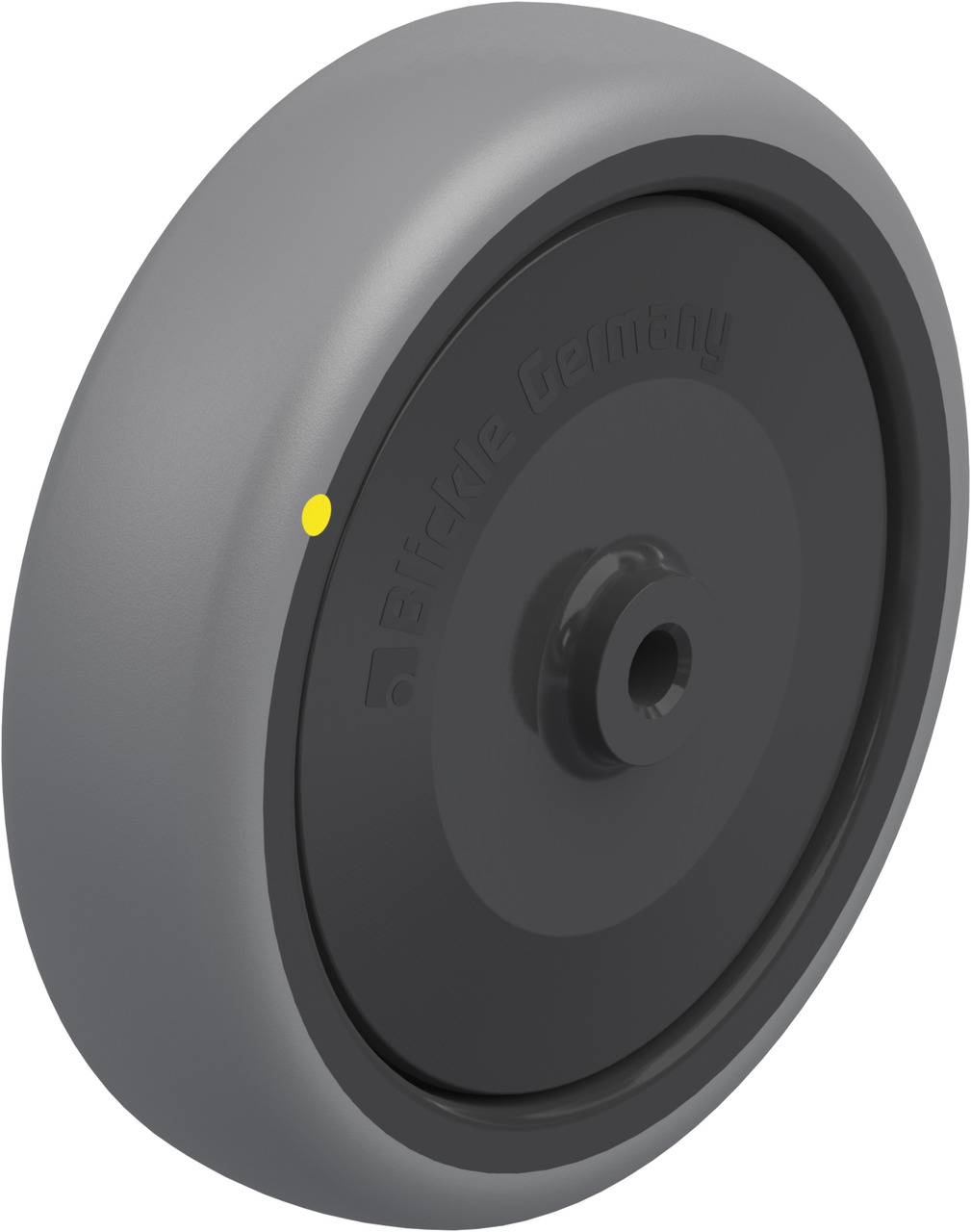Graues Rad mit schwarzem Radkern und gelber Markierung, geeignet für Transportgeräterollen.