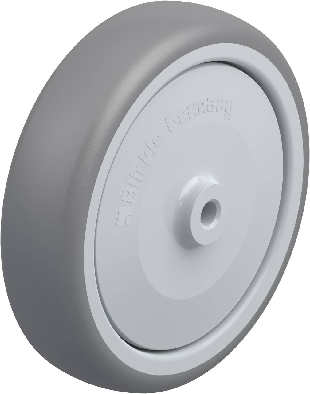 Graues Rad mit Mittelbohrung, geeignet für Möbel oder industrielle Anwendungen. Aufschrift: 'Blickle Germany'.