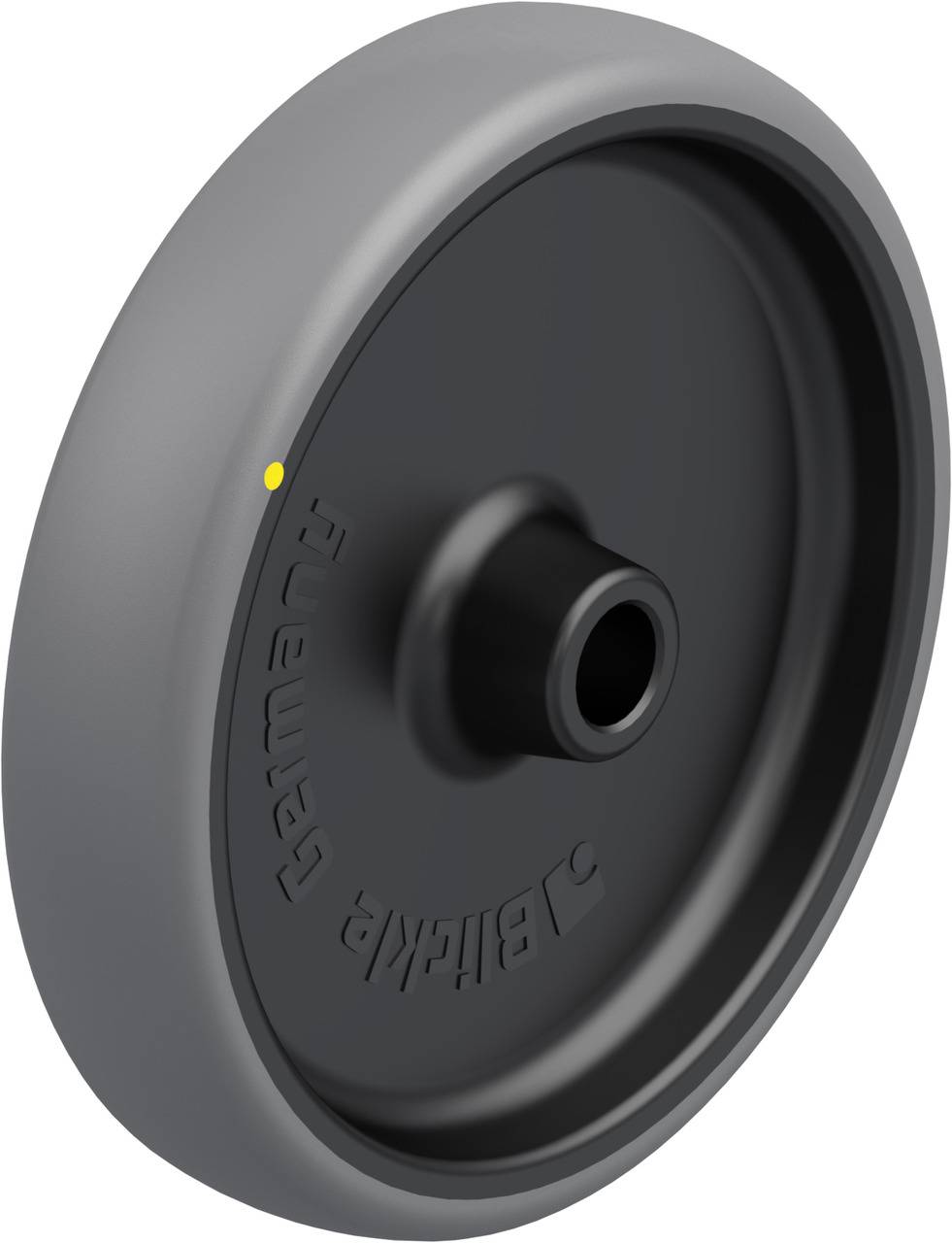 Graues Rad aus Hartkunststoff mit schwarzem Innenbereich und gelber Markierung. Geeignet für Transportwagen oder Maschinen.