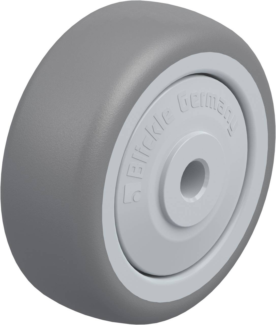 Graues Kunststoffrad mit einer Aufschrift am Rand. Perfekt für sanfte Oberflächenbewegung geeignet.