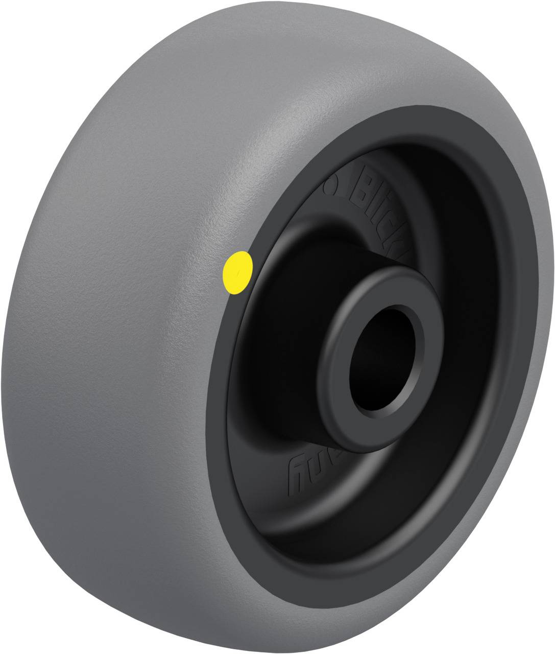 Graues Rad mit schwarzer Felge, geeignet für Büro- oder Industrierollen, auf weißem Hintergrund.