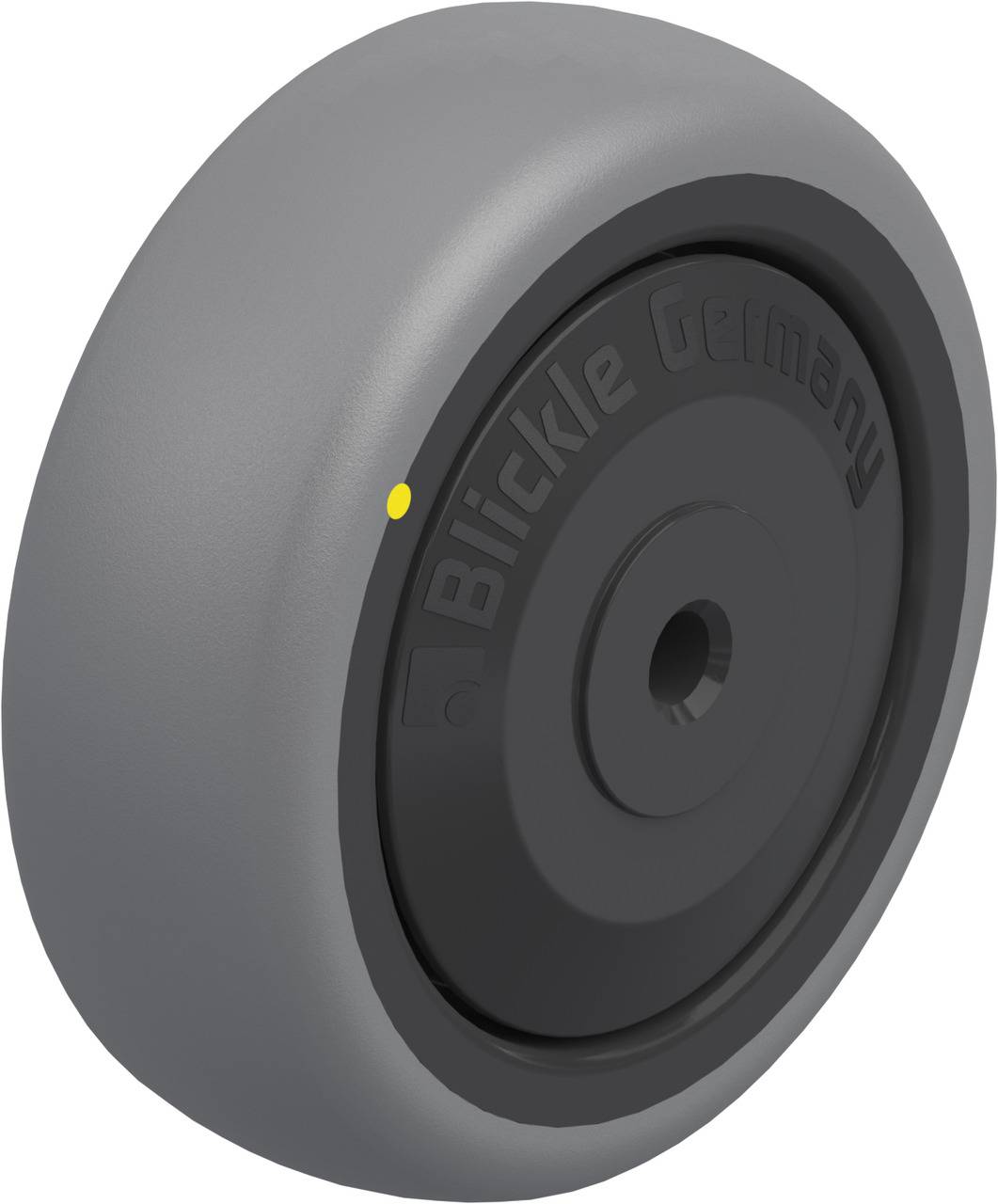 Graues Rad mit schwarzem Kern und Schriftzug 'Blickle Germany' an der Seite, geeignet für Transportgeräte oder Möbel.