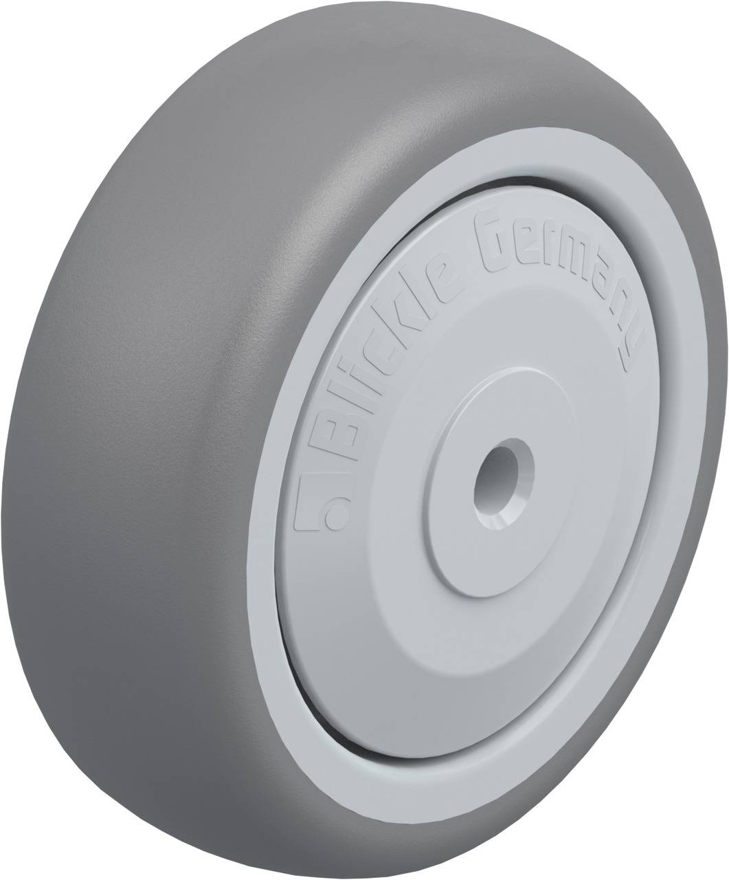 Graues Rad mit glattem Profil und zentraler Bohrung, das für Mobilität geeignet ist. Aufschrift 'Blickle Germany' auf der Oberfläche.